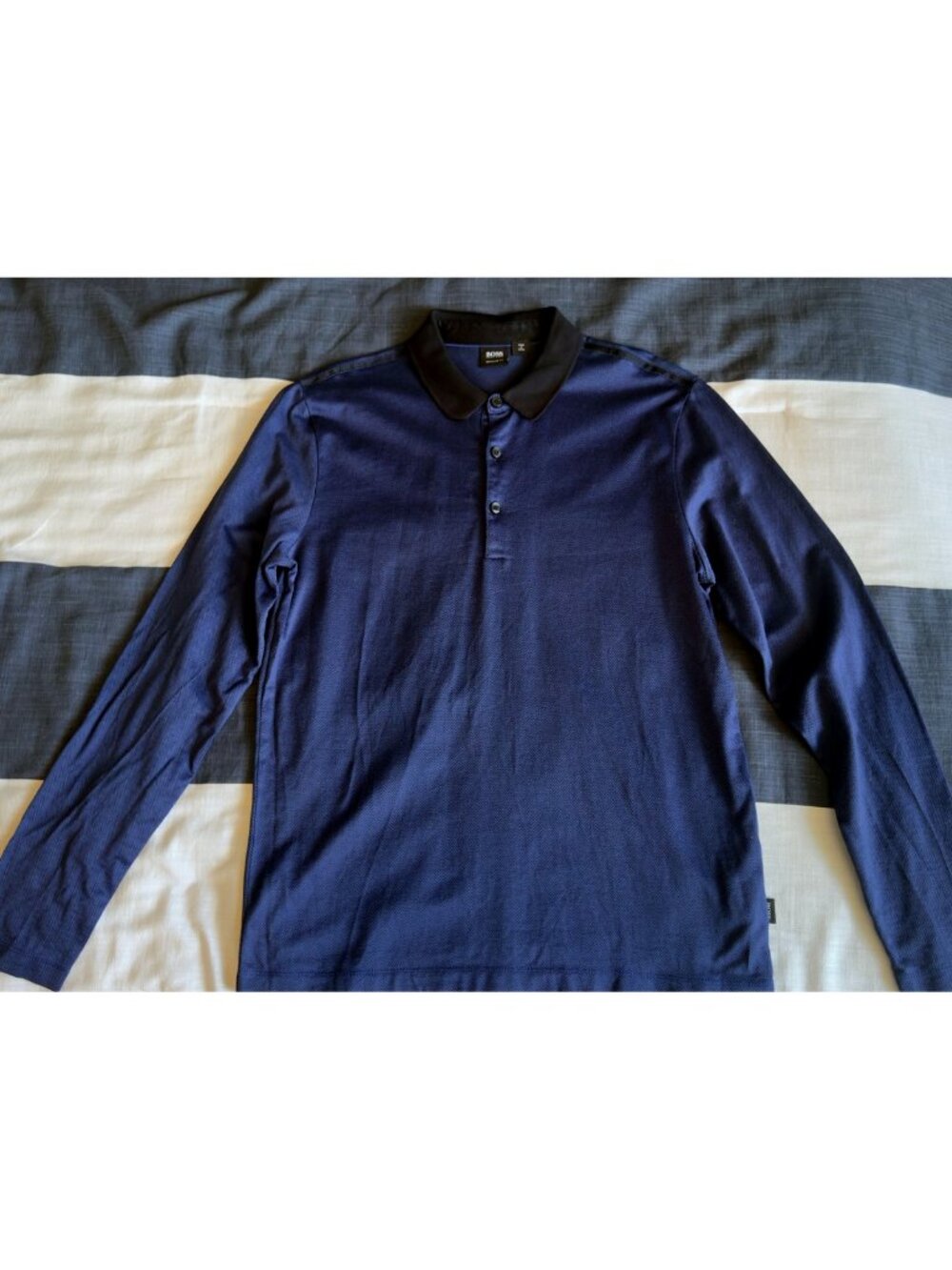 Hugo Boss Lesona Long Sleeve Polo Blue Herringbone Regular Fit M